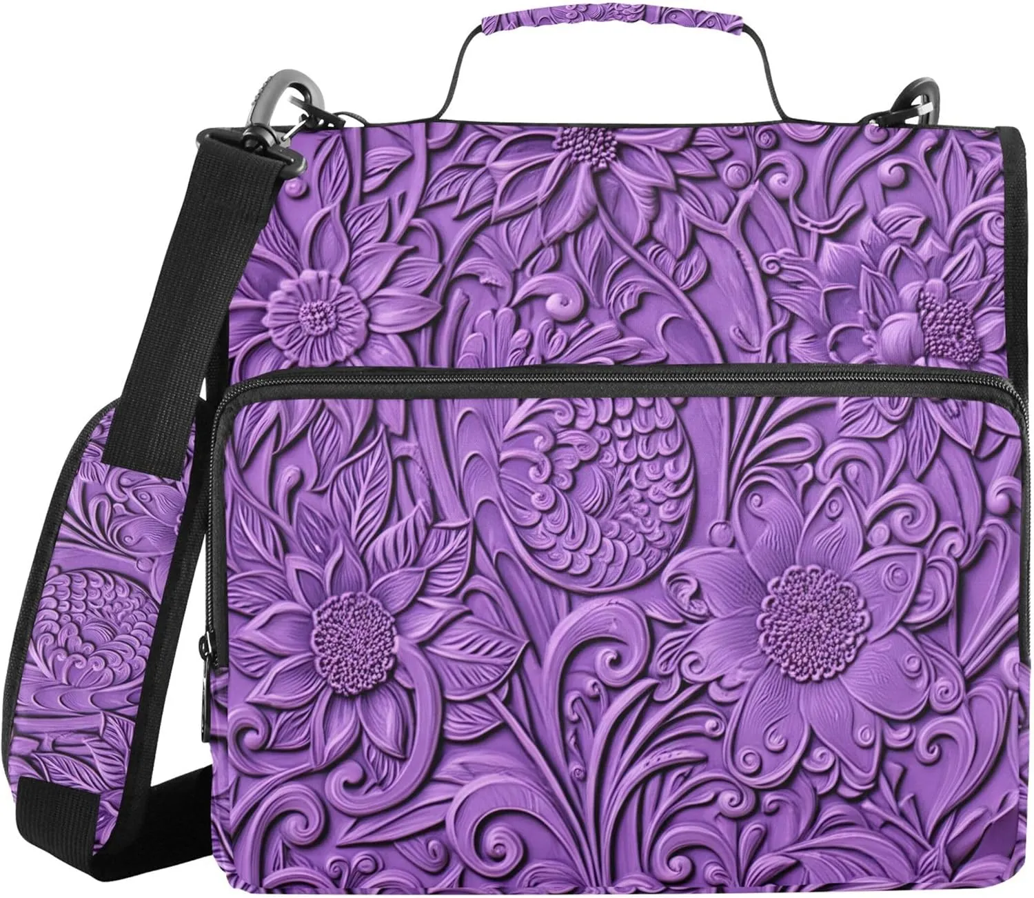 Document Zip up Binder Organizer 3 Ring Binders 1.5 Inch D Ring Purple Floral Blooming Flowers Portfolio Hold 500 Sheets Holder School Binders Bag with Shoulder Strap