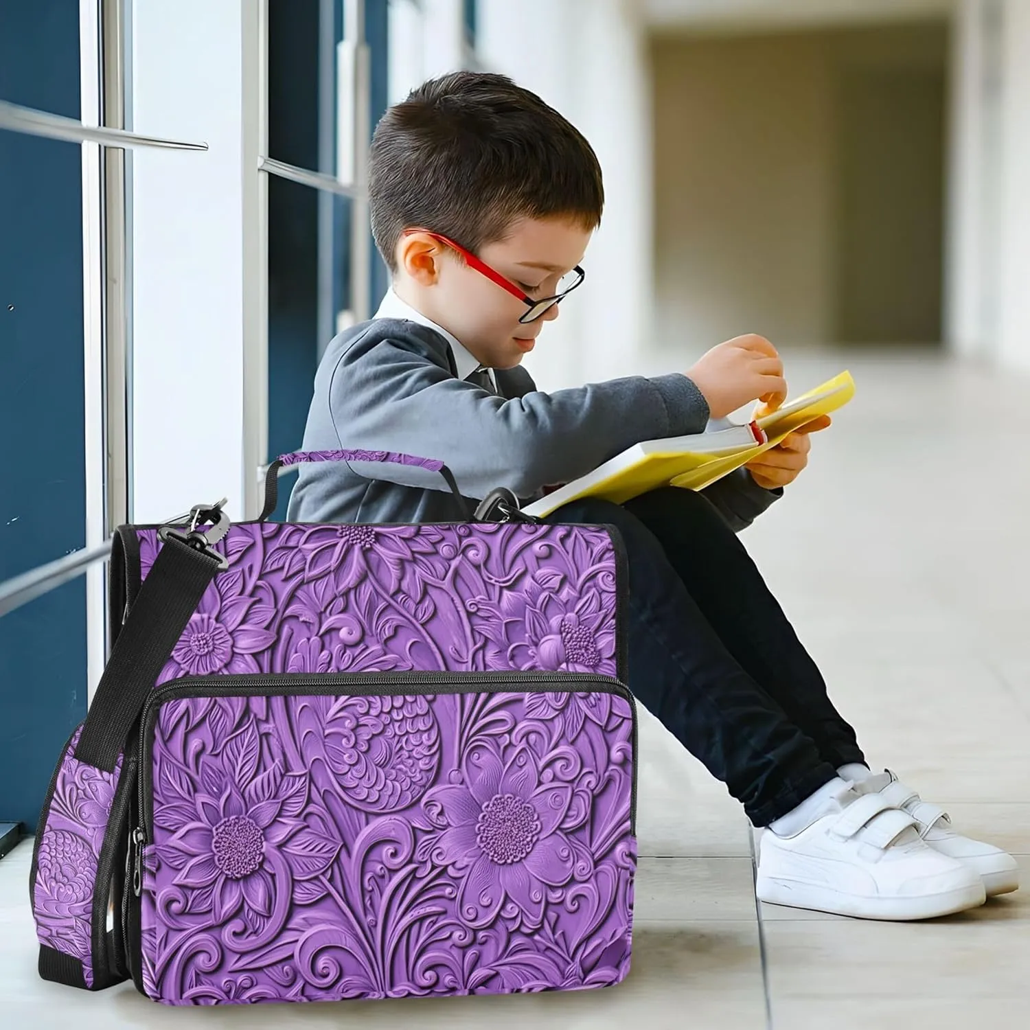Document Zip up Binder Organizer 3 Ring Binders 1.5 Inch D Ring Purple Floral Blooming Flowers Portfolio Hold 500 Sheets Holder School Binders Bag with Shoulder Strap