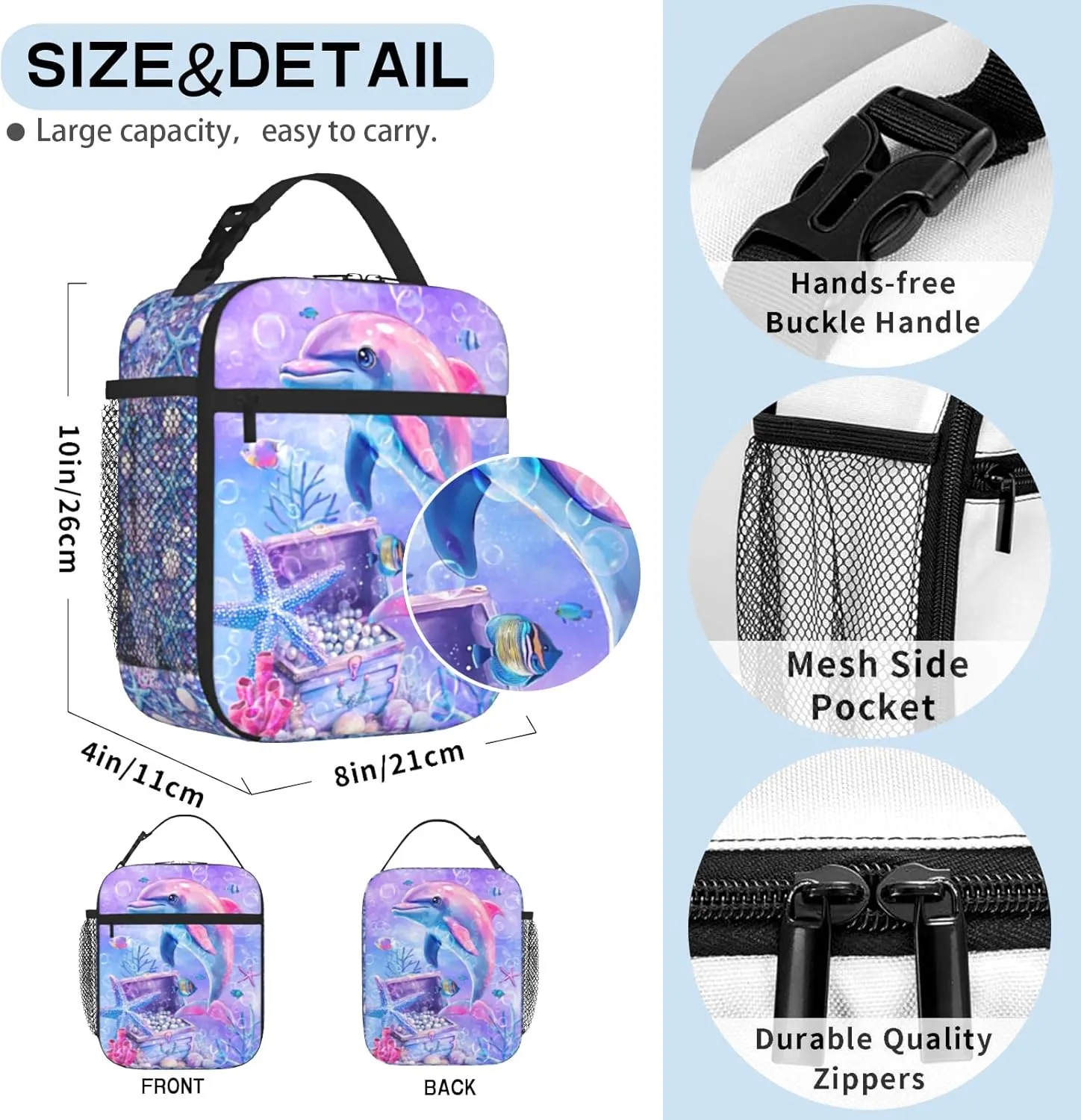 Dolphin Insulated Lunch Bag for Girls Ages 6-8, Large Capacity Thermal School Lunch Box with Detachable Handle, Perfect for Kindergarten & Elementary