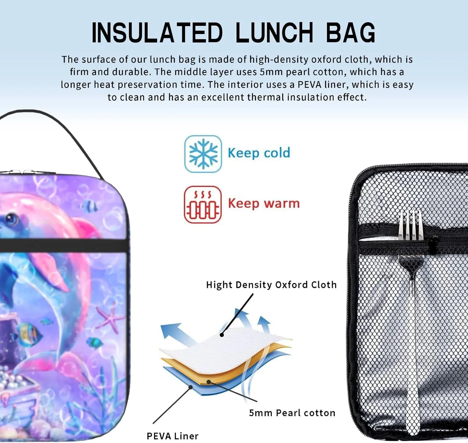 Dolphin Insulated Lunch Bag for Girls Ages 6-8, Large Capacity Thermal School Lunch Box with Detachable Handle, Perfect for Kindergarten & Elementary