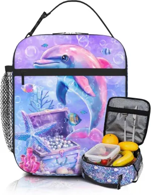 Dolphin Insulated Lunch Bag for Girls Ages 6-8, Large Capacity Thermal School Lunch Box with Detachable Handle, Perfect for Kindergarten & Elementary