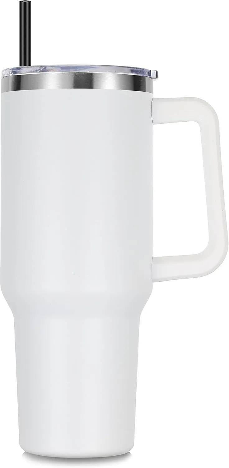 DOMICARE 40 oz Tumbler with Handle and Straw, Stainless Steel Tumbler with Lid and Straw, Reusable Vacuum Insulated Cup, Travel Coffee Mug, White, 1Pack