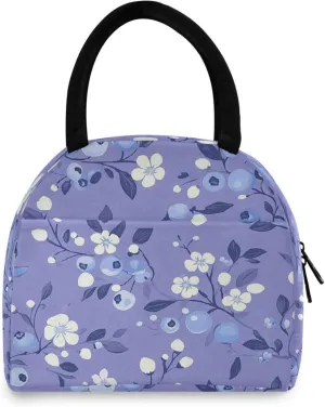 Doodle Blueberry and White Flower Women's Lunch Bag Men's Insulated Lunch Box Unisex Reusable Lunch Box Cooler Bag For Work Office Travel Picnic