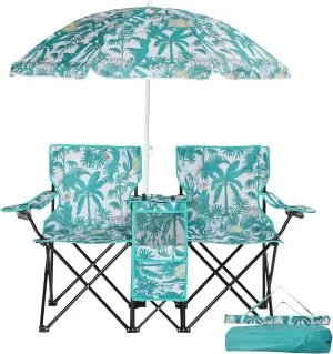 Double Camping Chair with Umbrella - Folding Picnic Loveseat with Carrying Bag, Cooler Bag, Table, Side Pocket & Cupholder, Portable Beach Chair for Camping, Picnic, Fishing, Beach,Pineapple