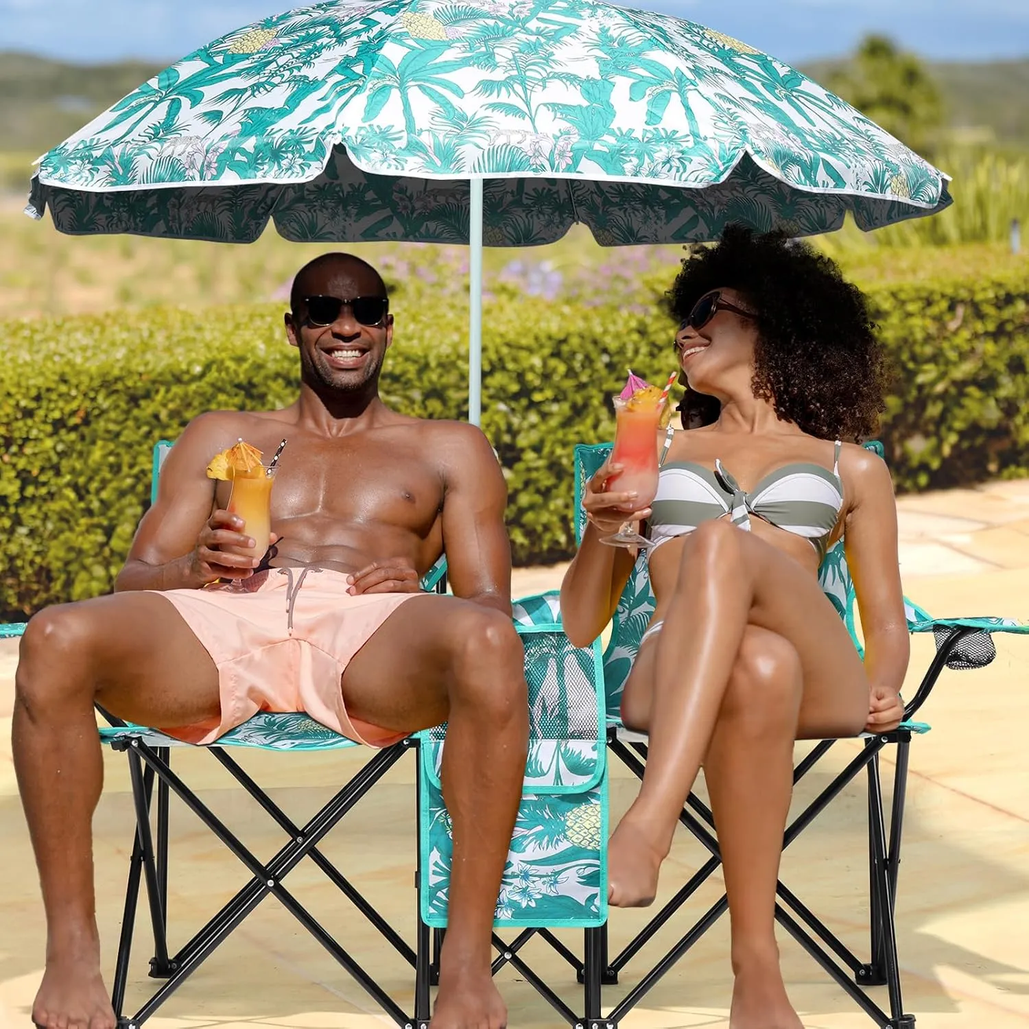 Double Camping Chair with Umbrella - Folding Picnic Loveseat with Carrying Bag, Cooler Bag, Table, Side Pocket & Cupholder, Portable Beach Chair for Camping, Picnic, Fishing, Beach,Pineapple
