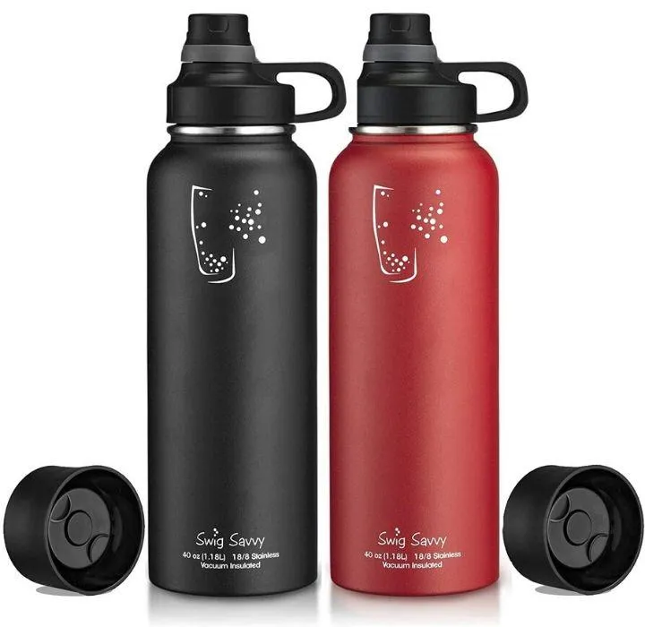 Double-Wall Insulated 40oz Bottle with Interchangeable Lids (2-Pack)