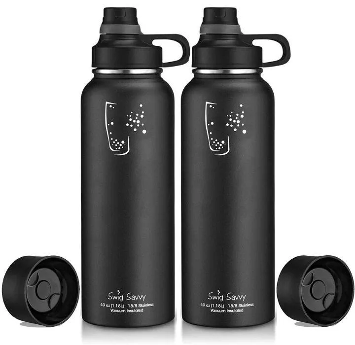 Double-Wall Insulated 40oz Bottle with Interchangeable Lids (2-Pack)