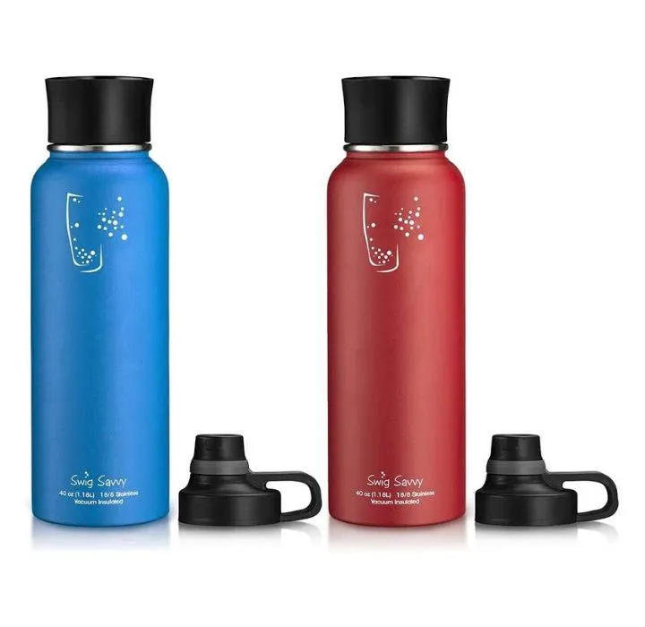 Double-Wall Insulated 40oz Bottle with Interchangeable Lids (2-Pack)