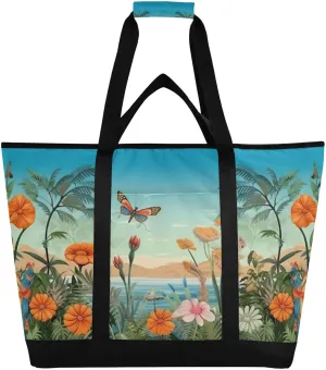 Dragonfly Flower Reusable Insulated Lunchbox Cooler Bag, Leakproof Kitchen Grocery Bag Collapsible Portable Cooler Tote Bag for Picnic, Camping, Office, Travel