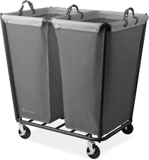 Dryser Divided Commercial Heavy-Duty Rolling Laundry Hamper, Steel Frame Cart on Wheels with 2 Section Removable Canvas Bins for Hotel or Home - Gray
