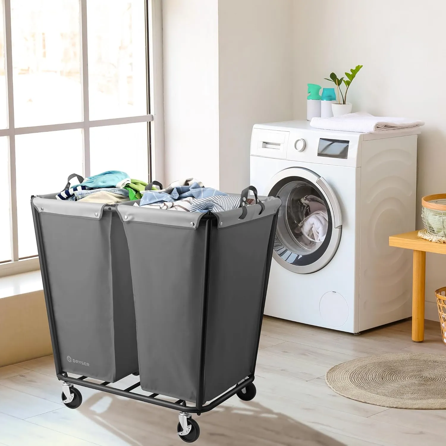 Dryser Divided Commercial Heavy-Duty Rolling Laundry Hamper, Steel Frame Cart on Wheels with 2 Section Removable Canvas Bins for Hotel or Home - Gray