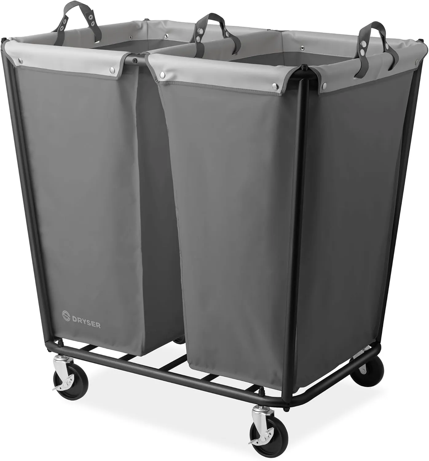 Dryser Divided Commercial Heavy-Duty Rolling Laundry Hamper, Steel Frame Cart on Wheels with 2 Section Removable Canvas Bins for Hotel or Home - Gray