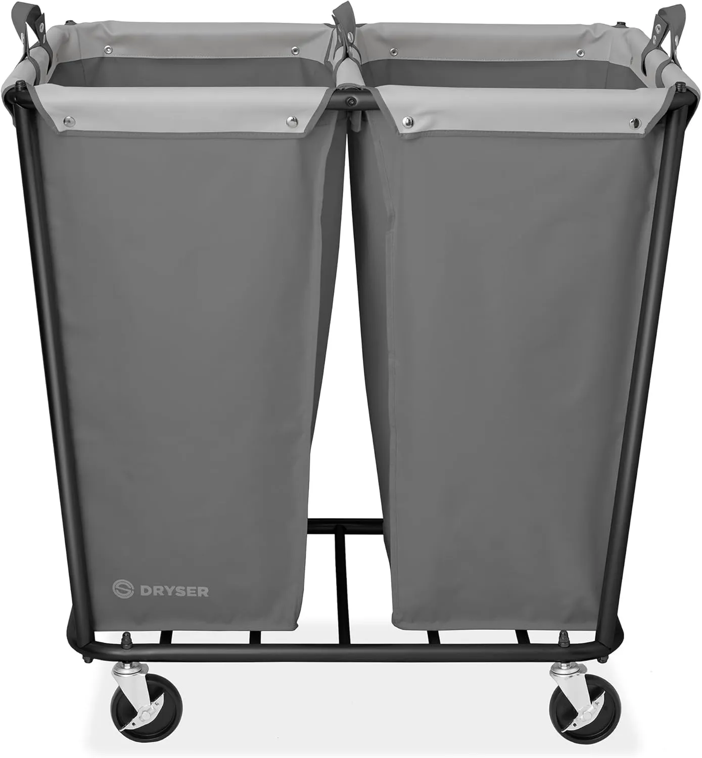 Dryser Divided Commercial Heavy-Duty Rolling Laundry Hamper, Steel Frame Cart on Wheels with 2 Section Removable Canvas Bins for Hotel or Home - Gray