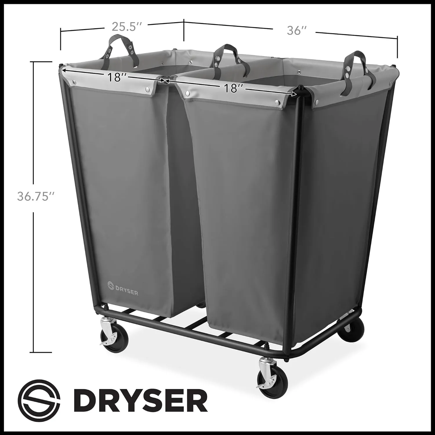 Dryser Divided Commercial Heavy-Duty Rolling Laundry Hamper, Steel Frame Cart on Wheels with 2 Section Removable Canvas Bins for Hotel or Home - Gray