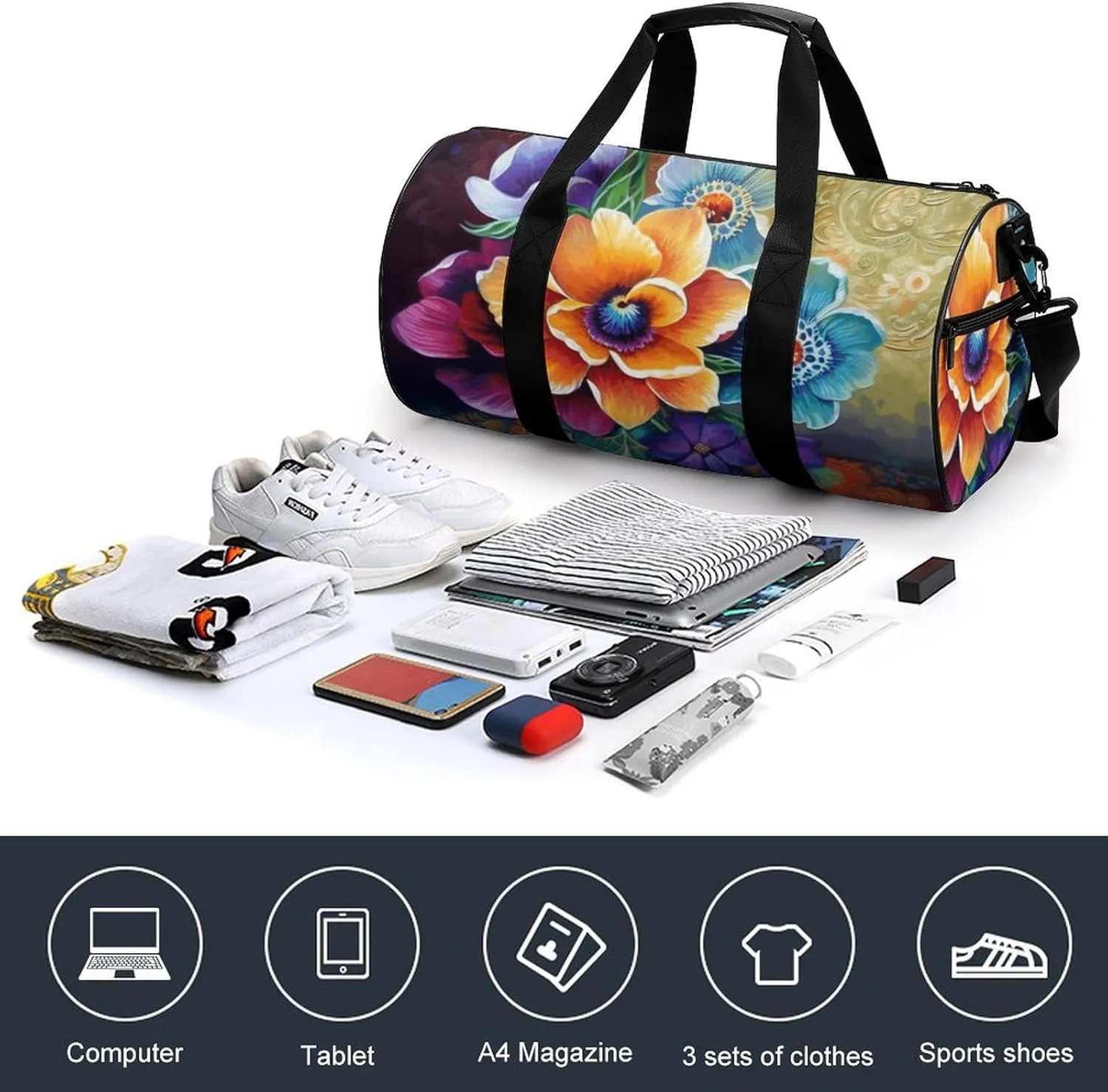 Duffel Bag for Men Women Gym Bag Flower Diamond Painting Travel Duffel Bag Waterproof Overnight Bag for Sports Workout