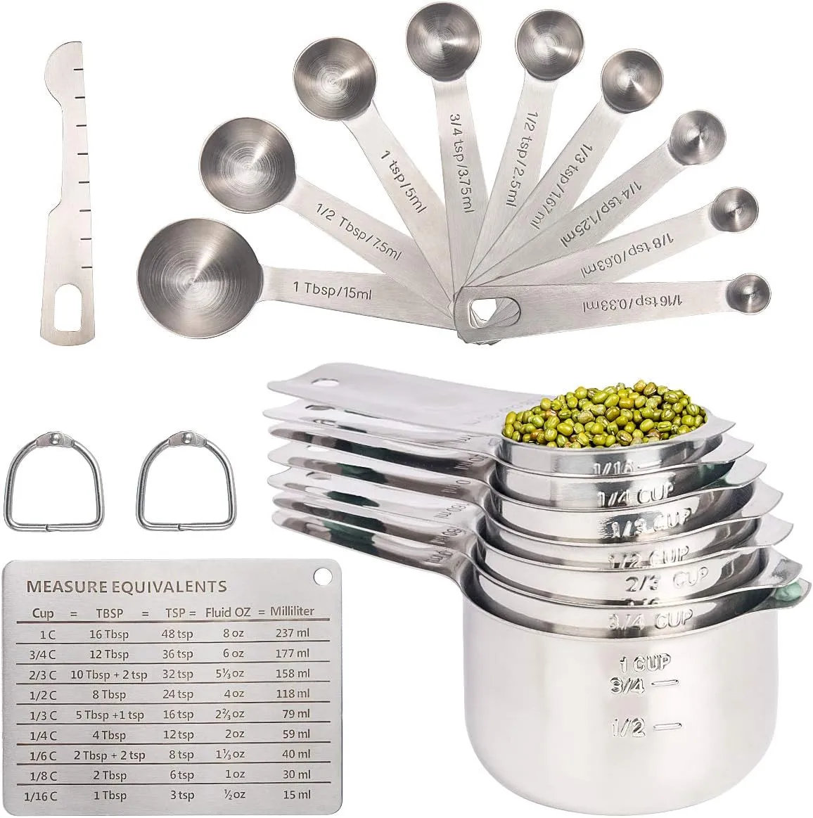 DUNCHATY 20PCS Measuring Cups and Spoons Set, Stainless Steel Measure Cup Set for Cooking Baking Measurement, Includes 7 Cups, 9 Spoons, Level, Magnetic Chart, Stackable Measuring Set