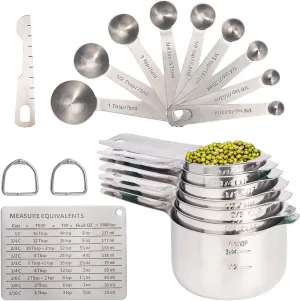 DUNCHATY 20PCS Measuring Cups and Spoons Set, Stainless Steel Measure Cup Set for Cooking Baking Measurement, Includes 7 Cups, 9 Spoons, Level, Magnetic Chart, Stackable Measuring Set