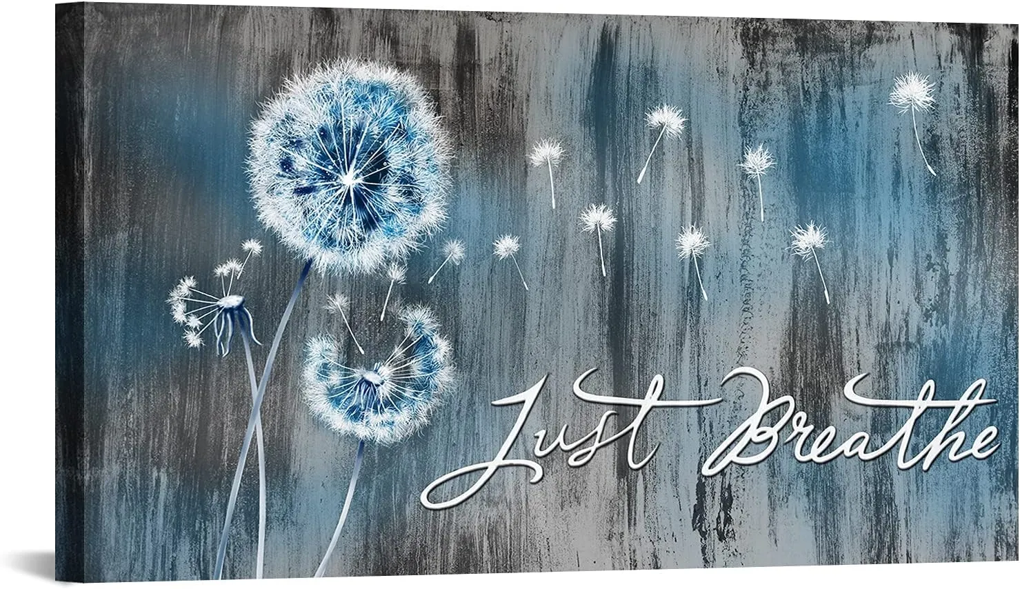 DuoBaorom Just Breathe Wall Art Large Blue and White Dandelion Flower Canvas Print Inspirational Quotes Artwork Home Office Decor 20x36inch