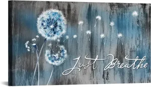 DuoBaorom Just Breathe Wall Art Large Blue and White Dandelion Flower Canvas Print Inspirational Quotes Artwork Home Office Decor 20x36inch