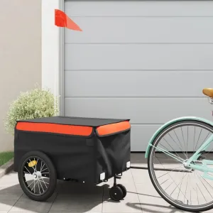 Durable Bike Trailer for Heavy Loads, Iron Frame, Safety Flag Included, Black and Orange