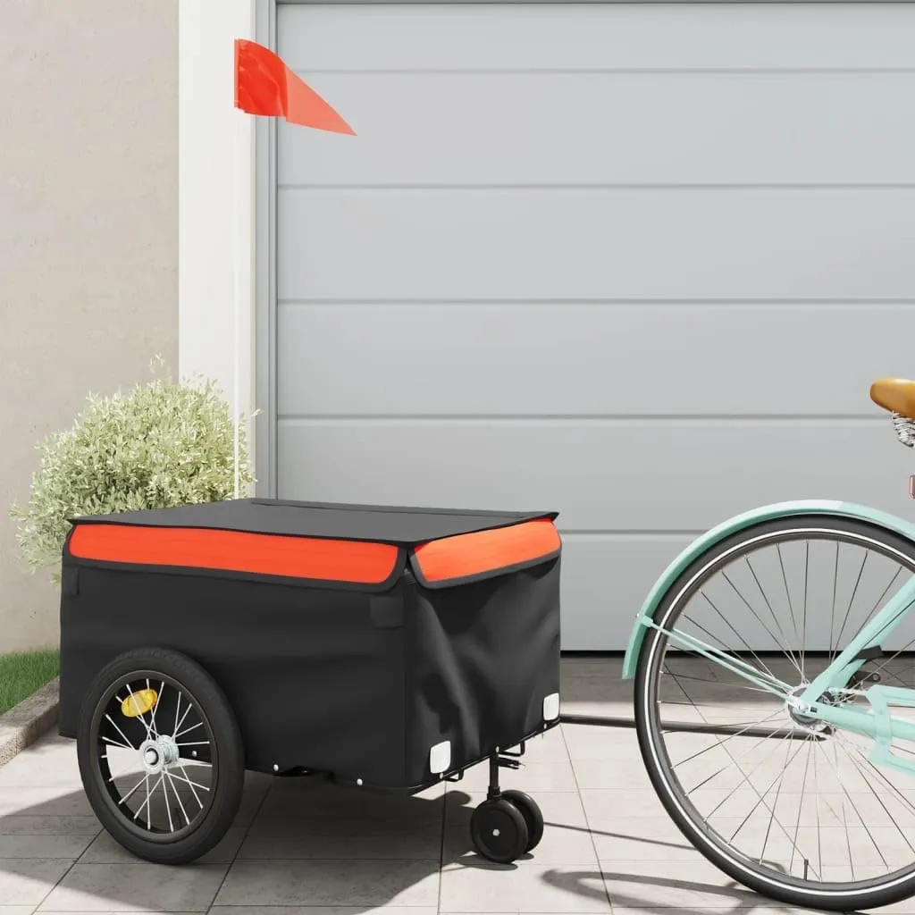 Durable Bike Trailer for Heavy Loads, Iron Frame, Safety Flag Included, Black and Orange