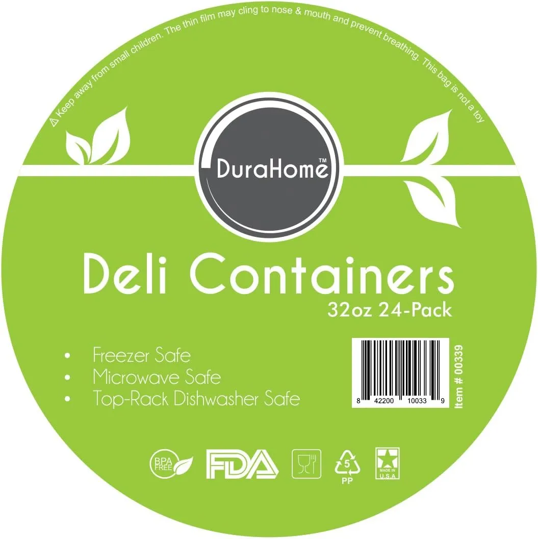 DuraHome - Deli food Storage Containers with Lids 32 oz, Quart Pack of 24 Leak-proof Freezer Safe Microwaveable Soup Storage Container - Clear Plastic Premium Quality