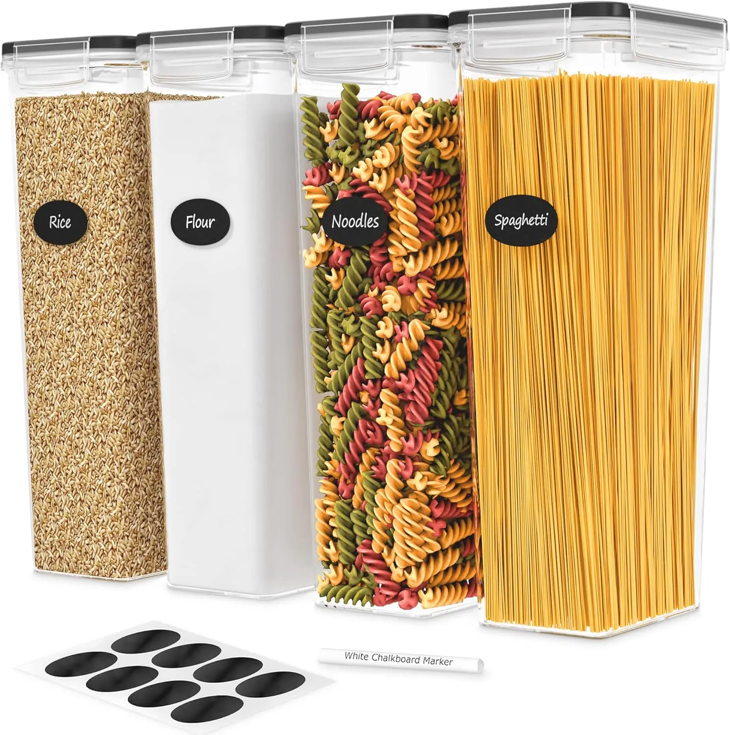 DWËLLZA KITCHEN Pasta Storage Containers for Pantry Airtight - 4 Pc Spaghetti Container Storage - Ideal for Spaghetti & Noodles, Kitchen Pantry Organization and Storage - Keeps Food Fresh & Dry