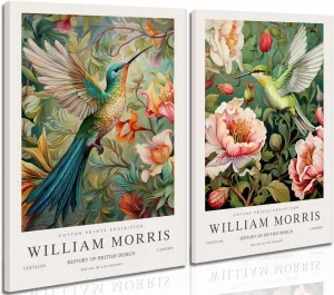 Dytila William Morris Wall Art Set of 2 - Vintage Flower Botanical Pictures Wall Decor Bird Aesthetic Paintings, Canvas Prints for Bedroom Living Room, Hallway, Home Office Decor 12x16 in Framed