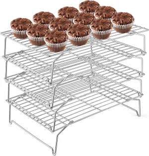 E-far 4-Tier Cooling Rack, 15”x10.1" Stainless Steel Stackable Wire Cooling Rack for Baking Cooking Cookies, Folding Leg & Non-toxic, Oven Safe & Dishwasher Safe