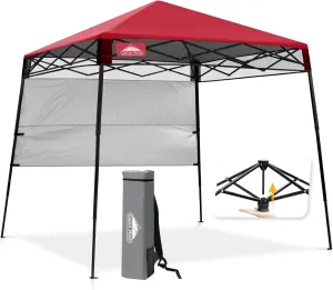 EAGLE PEAK 8x8 Pop Up Canopy Tent with Sidewall, Compact, Portable Slant Leg Instant Sun Shelter for Beach, Sports, & Camping, 8x8 Base 6x6 Top, Red