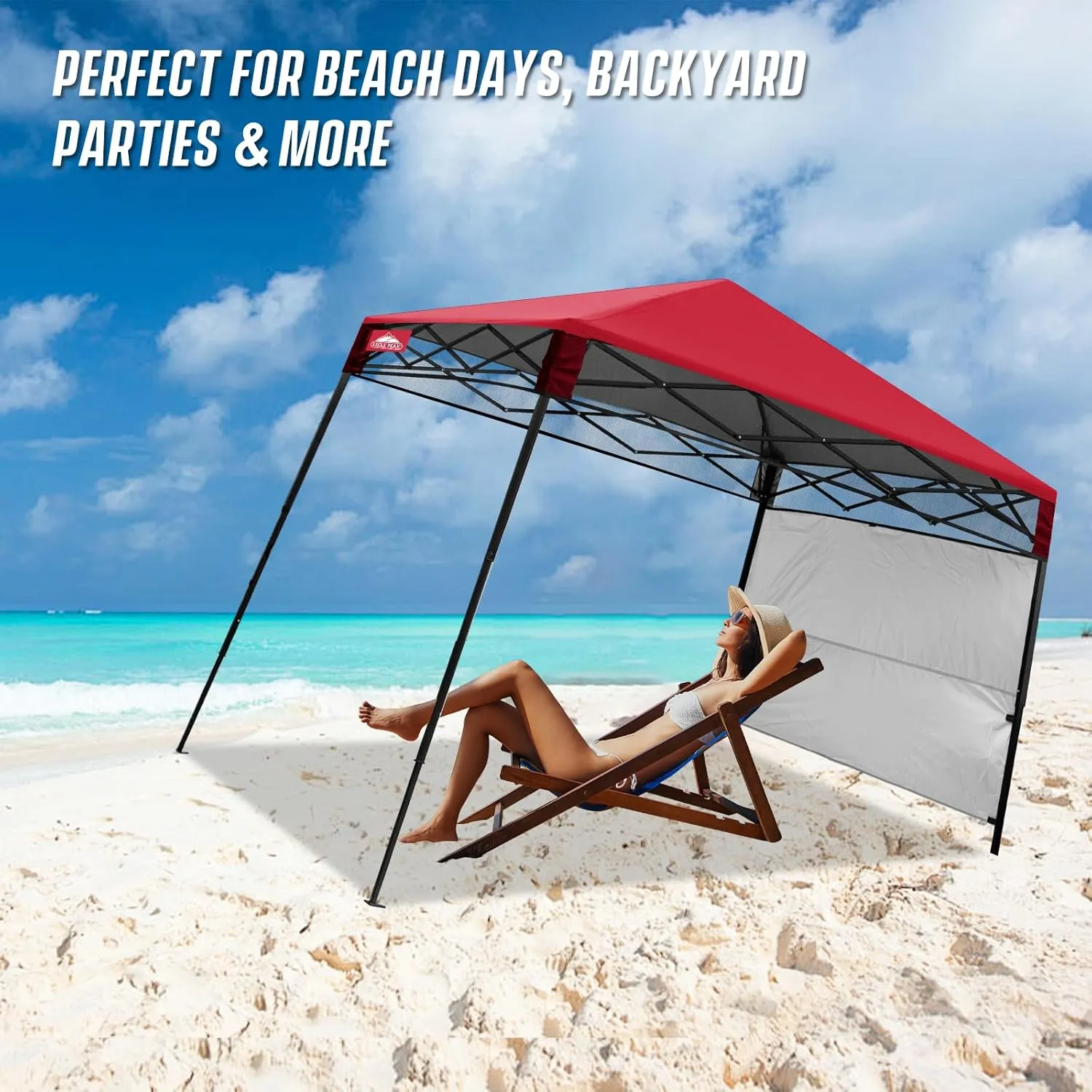 EAGLE PEAK 8x8 Pop Up Canopy Tent with Sidewall, Compact, Portable Slant Leg Instant Sun Shelter for Beach, Sports, & Camping, 8x8 Base 6x6 Top, Red