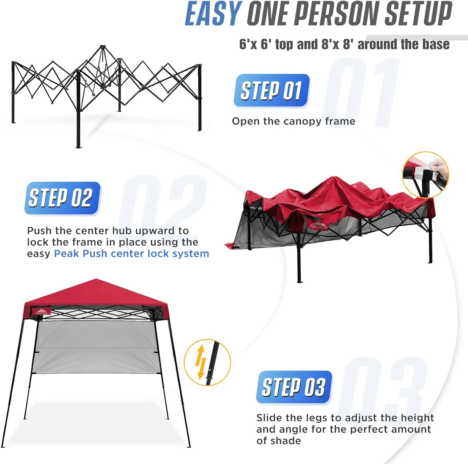 EAGLE PEAK 8x8 Pop Up Canopy Tent with Sidewall, Compact, Portable Slant Leg Instant Sun Shelter for Beach, Sports, & Camping, 8x8 Base 6x6 Top, Red