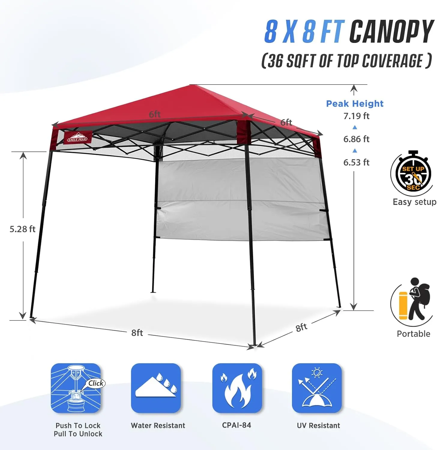 EAGLE PEAK 8x8 Pop Up Canopy Tent with Sidewall, Compact, Portable Slant Leg Instant Sun Shelter for Beach, Sports, & Camping, 8x8 Base 6x6 Top, Red