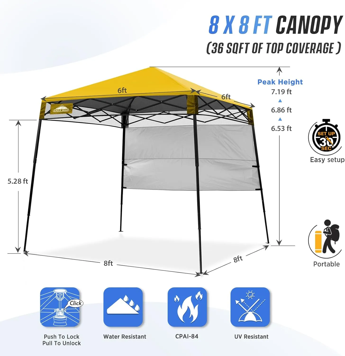 EAGLE PEAK 8x8 Pop Up Canopy Tent with Sidewall, Compact, Portable Slant Leg Instant Sun Shelter for Beach, Sports, & Camping, 8x8 Base 6x6 Top, Yellow