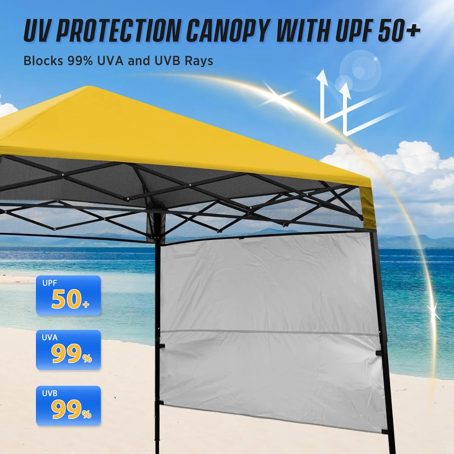 EAGLE PEAK 8x8 Pop Up Canopy Tent with Sidewall, Compact, Portable Slant Leg Instant Sun Shelter for Beach, Sports, & Camping, 8x8 Base 6x6 Top, Yellow