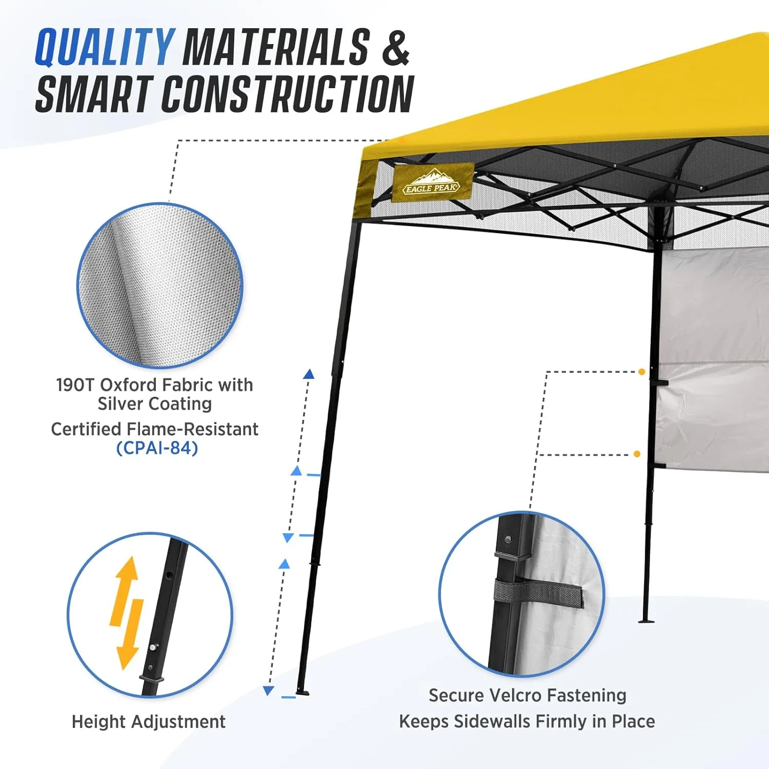 EAGLE PEAK 8x8 Pop Up Canopy Tent with Sidewall, Compact, Portable Slant Leg Instant Sun Shelter for Beach, Sports, & Camping, 8x8 Base 6x6 Top, Yellow