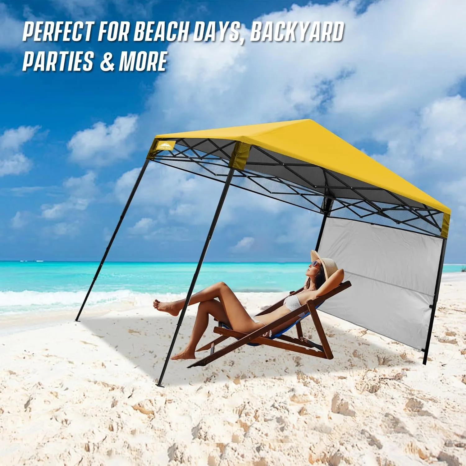 EAGLE PEAK 8x8 Pop Up Canopy Tent with Sidewall, Compact, Portable Slant Leg Instant Sun Shelter for Beach, Sports, & Camping, 8x8 Base 6x6 Top, Yellow