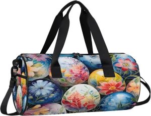 Easter Egg Flower Travel Gym Bag Waterproof Sport Dance Bag for Women Men Portable Gymnastics Duffel Bags Canvas Tote Carry on Handbag for Workout Overnight Weekender