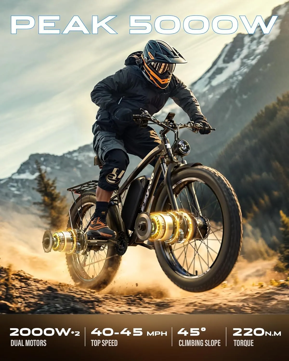 E·Bycco 4000W Electric Bike 24in/26in Peak 5000W E-Bike, 52V 32AH Dual Motor Electric Bike 40-45MPH Fast Ebikes with Fat Tire Hydraulic Disc Brake