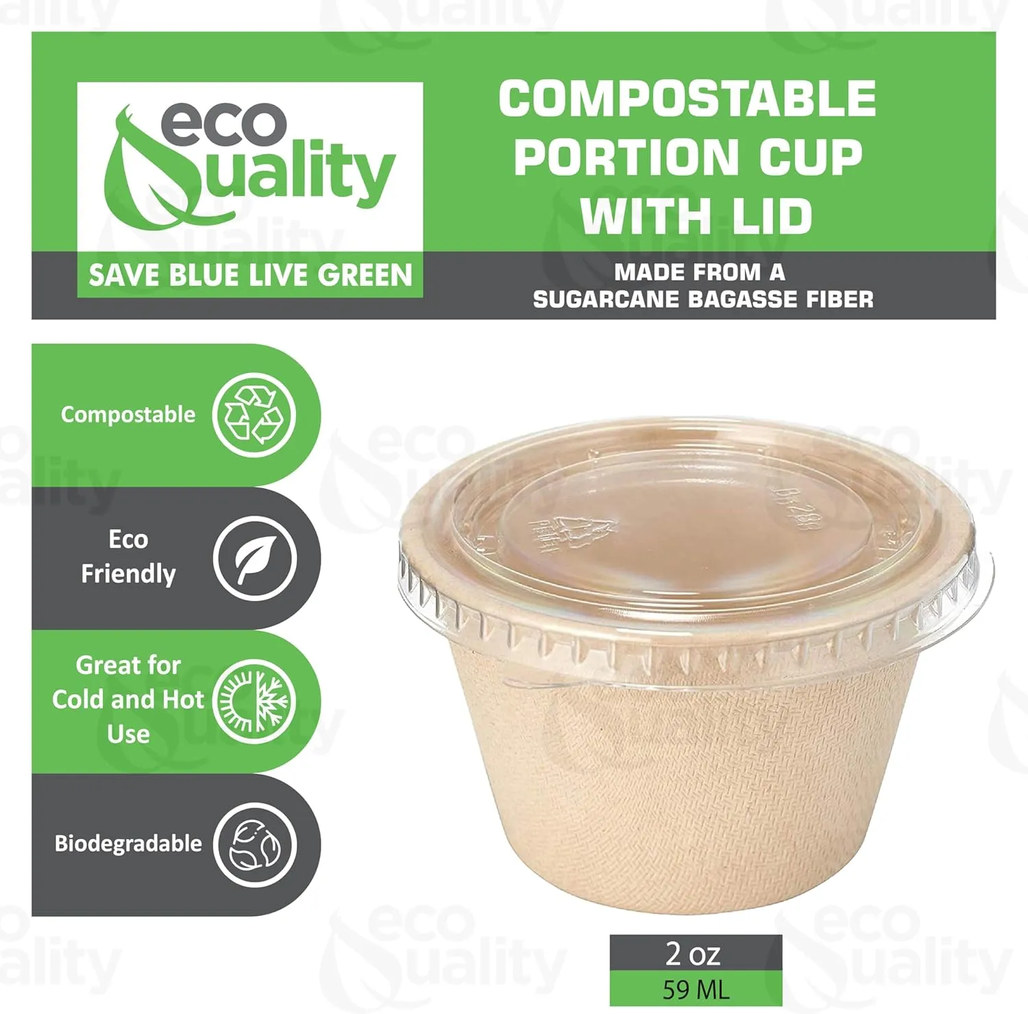 EcoQuality 2 oz Compostable Condiment Souffle Bagasse Cups with Lids - Portion Cup with Lid Sugarcane, Biodegradable Perfect For Sauces, Samples, Condiments, Slime, Jello Shot, Food Storage (400)