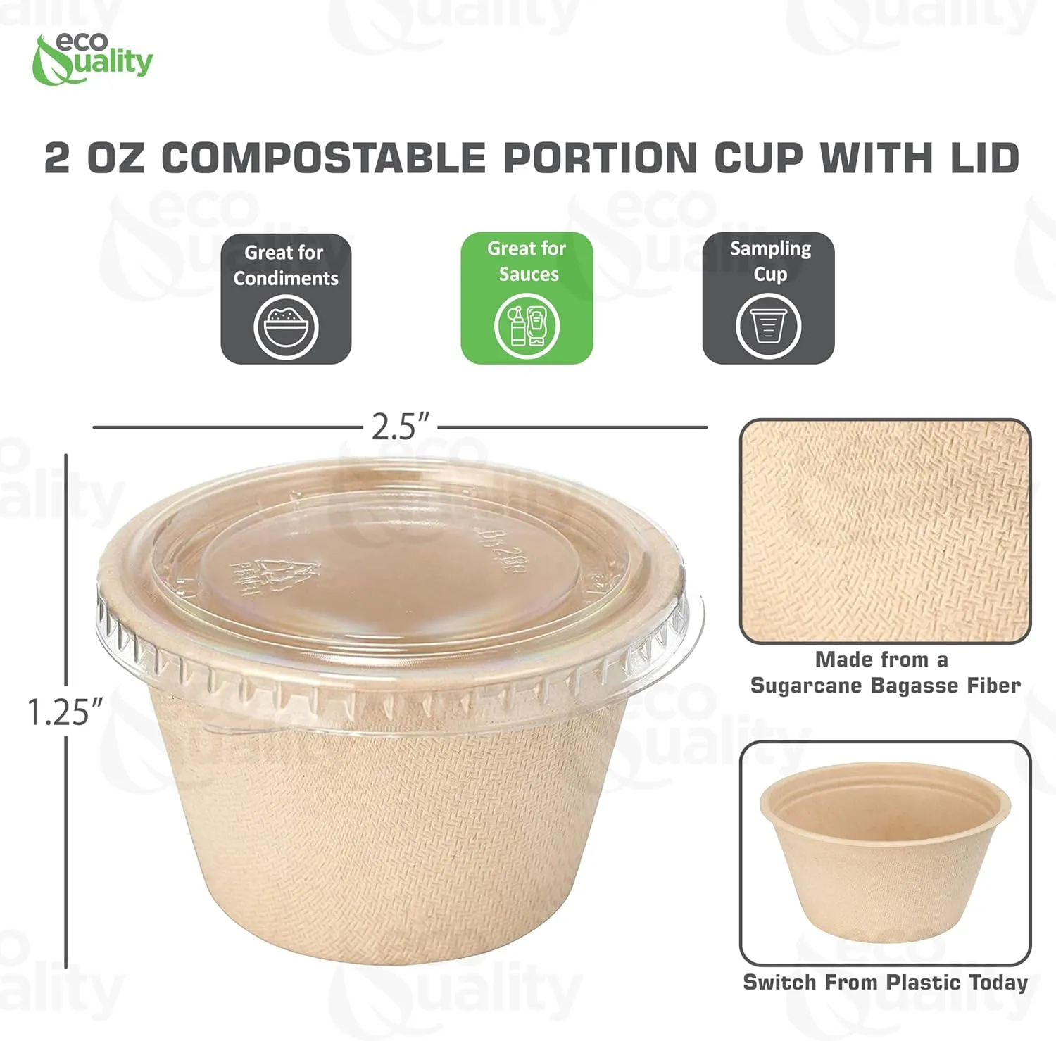 EcoQuality 2 oz Compostable Condiment Souffle Bagasse Cups with Lids - Portion Cup with Lid Sugarcane, Biodegradable Perfect For Sauces, Samples, Condiments, Slime, Jello Shot, Food Storage (400)