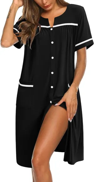 Ekouaer Nightgowns for Women House Dress with Pockets Button Down Sleepshirt Short Sleeve Nightshirt Housecoat S-XXXL