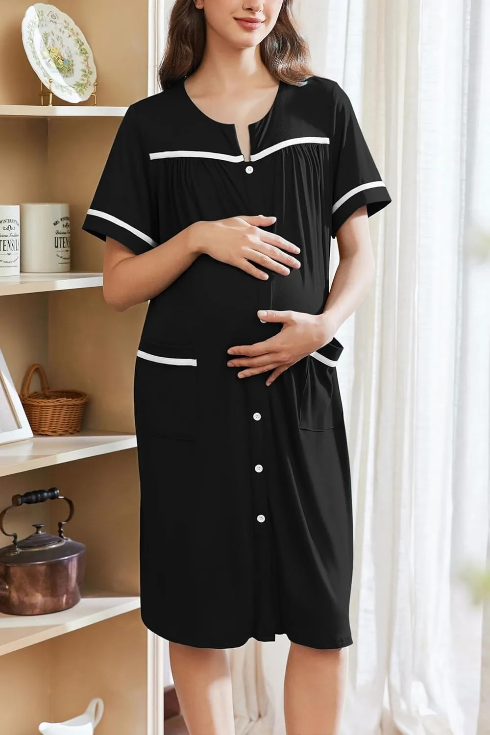 Ekouaer Nightgowns for Women House Dress with Pockets Button Down Sleepshirt Short Sleeve Nightshirt Housecoat S-XXXL
