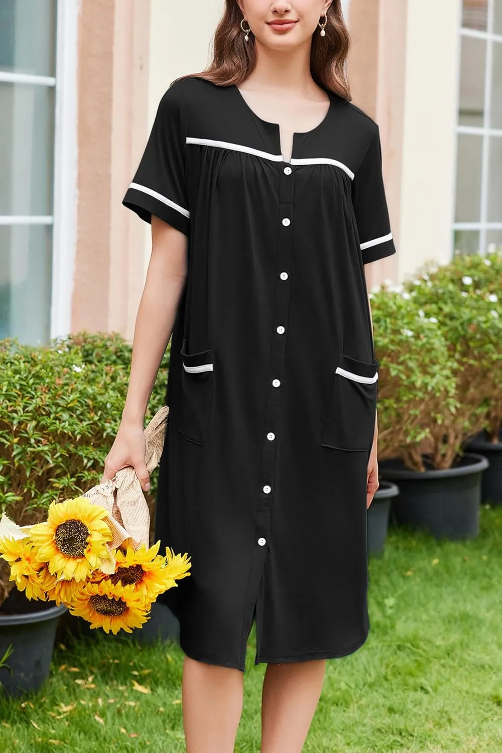 Ekouaer Nightgowns for Women House Dress with Pockets Button Down Sleepshirt Short Sleeve Nightshirt Housecoat S-XXXL