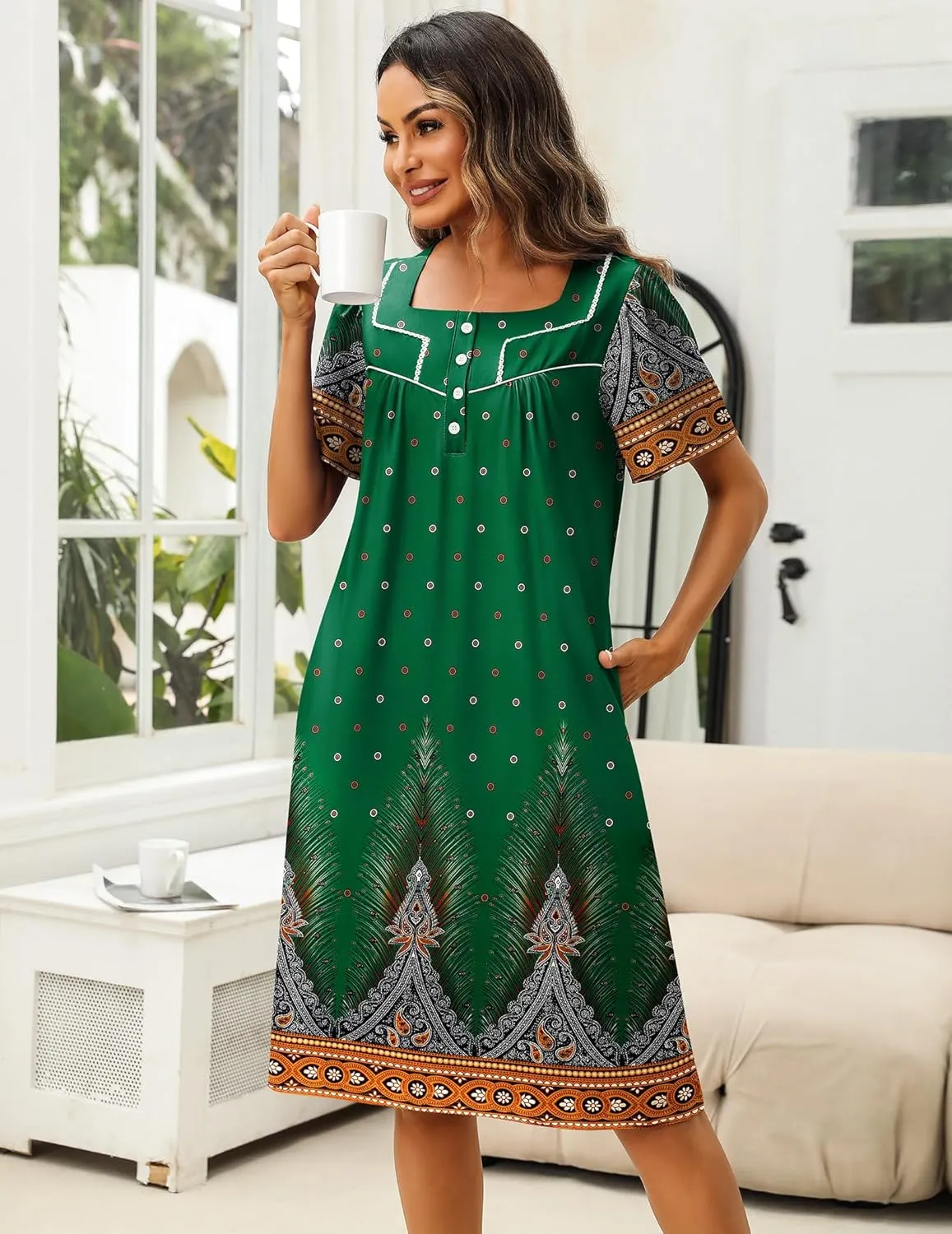 Ekouaer Women's House Dress with Pockets Moomoo Dresses Short Sleeve Mumu Nightgown Lounge Dress Button Down Sleepwear