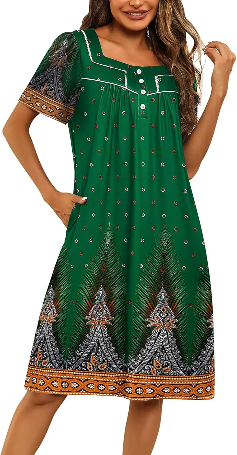 Ekouaer Women's House Dress with Pockets Moomoo Dresses Short Sleeve Mumu Nightgown Lounge Dress Button Down Sleepwear