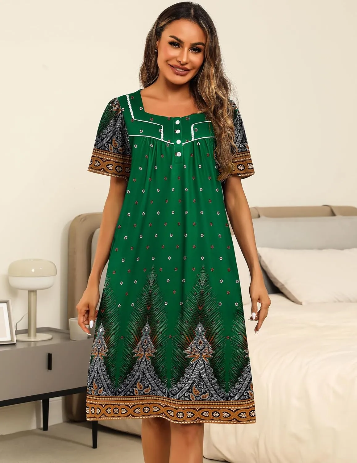 Ekouaer Women's House Dress with Pockets Moomoo Dresses Short Sleeve Mumu Nightgown Lounge Dress Button Down Sleepwear