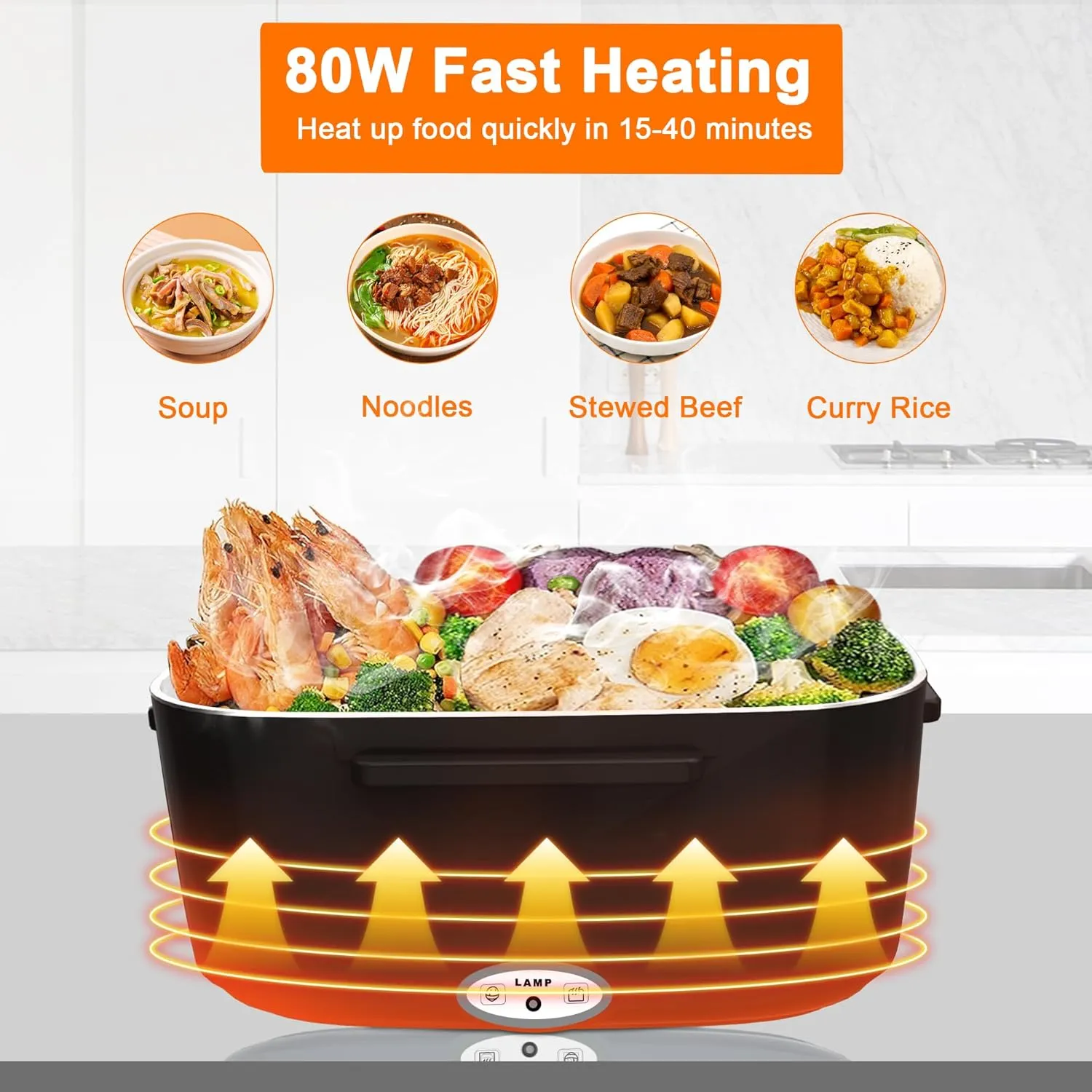 Electric Heated Lunch Boxes Adults: 80W Electric Lunch Box Food Heated 12/24/110V 1.5L Heatable Lunch Box for Car/Truck/Office Leak-Proof Stainless Steel Container,Fork & Spoon,Bag (Black)