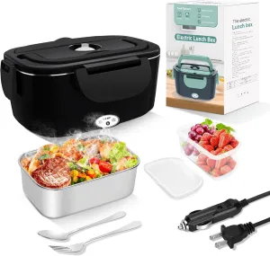 Electric Heated Lunch Boxes Adults: 80W Electric Lunch Box Food Heated 12/24/110V 1.5L Heatable Lunch Box for Car/Truck/Office Leak-Proof Stainless Steel Container,Fork & Spoon,Bag (Black)