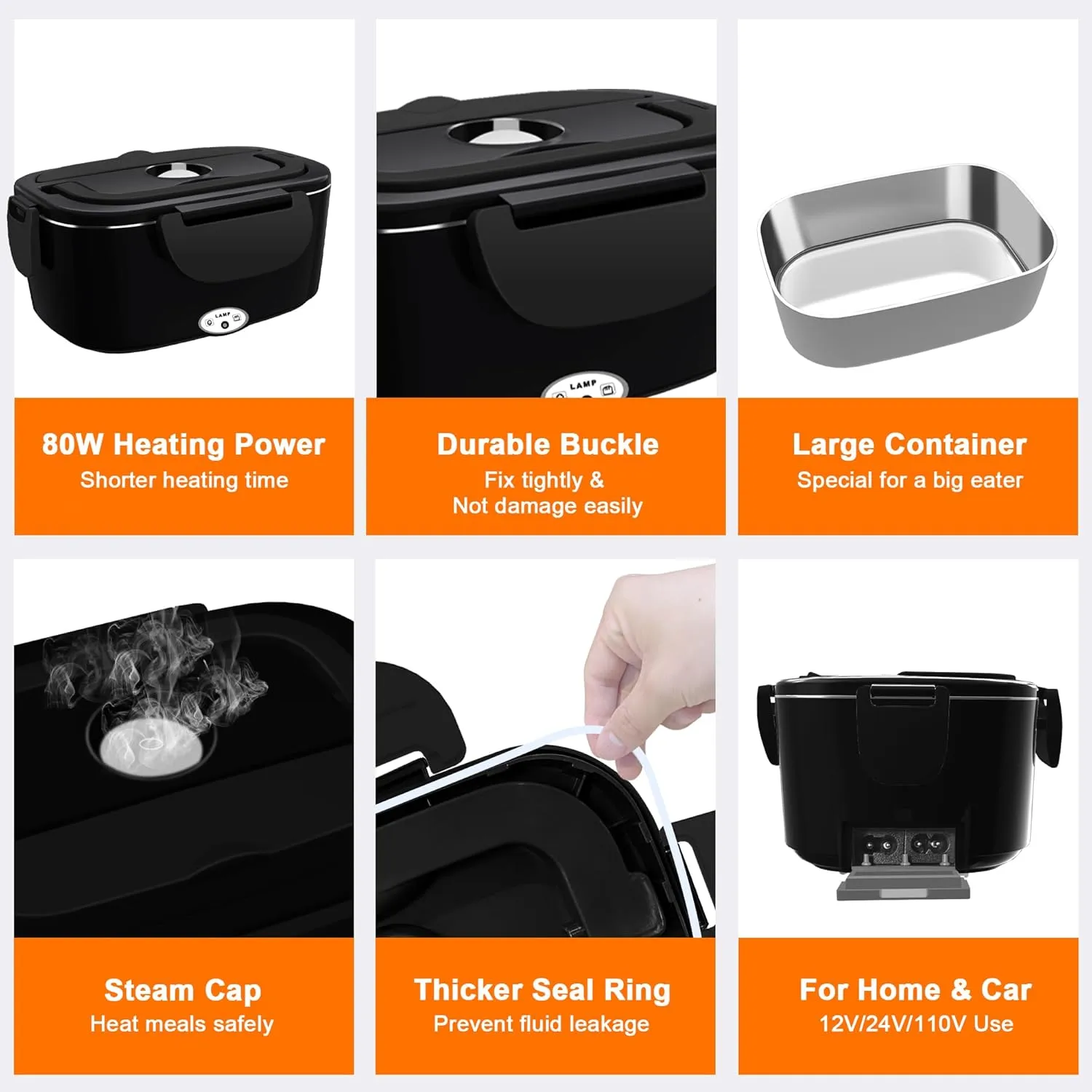 Electric Heated Lunch Boxes Adults: 80W Electric Lunch Box Food Heated 12/24/110V 1.5L Heatable Lunch Box for Car/Truck/Office Leak-Proof Stainless Steel Container,Fork & Spoon,Bag (Black)